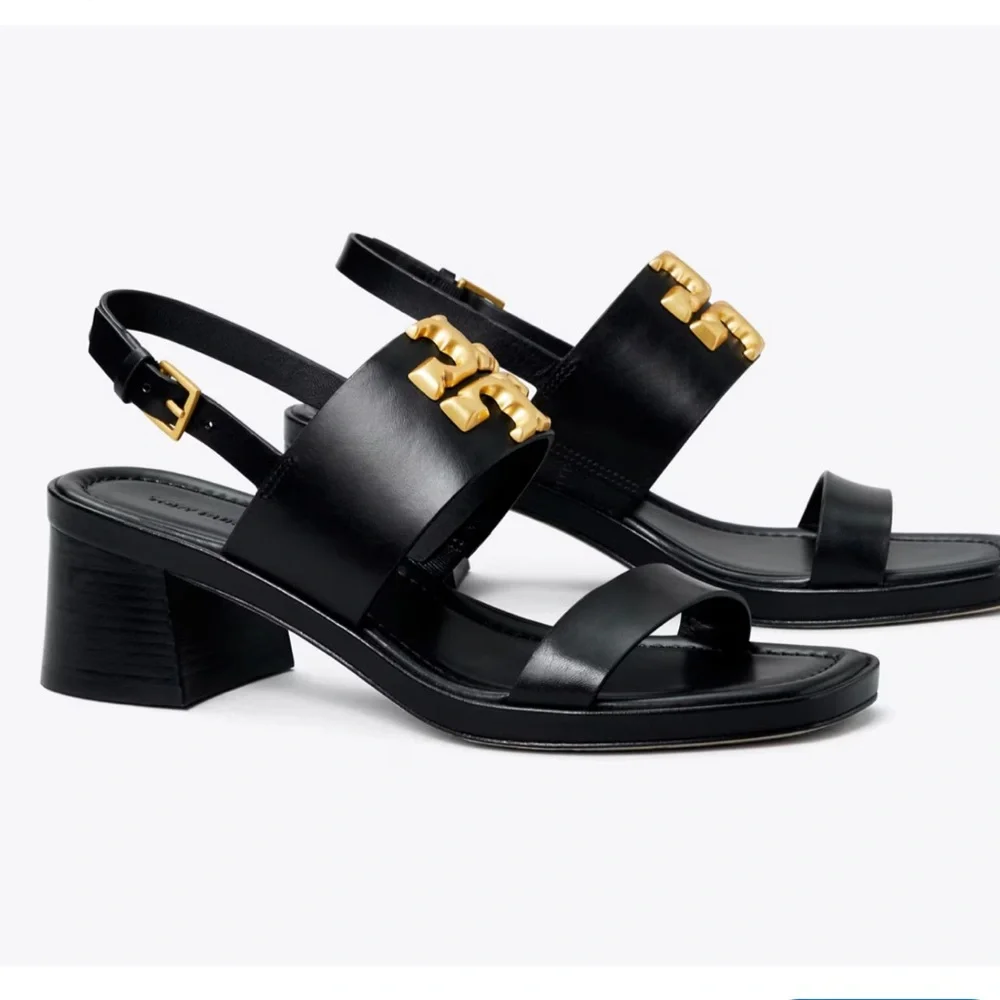 Brand New 💜 Tory Burch Black and Gold Block Heel Sandals - Picture 3 of 13